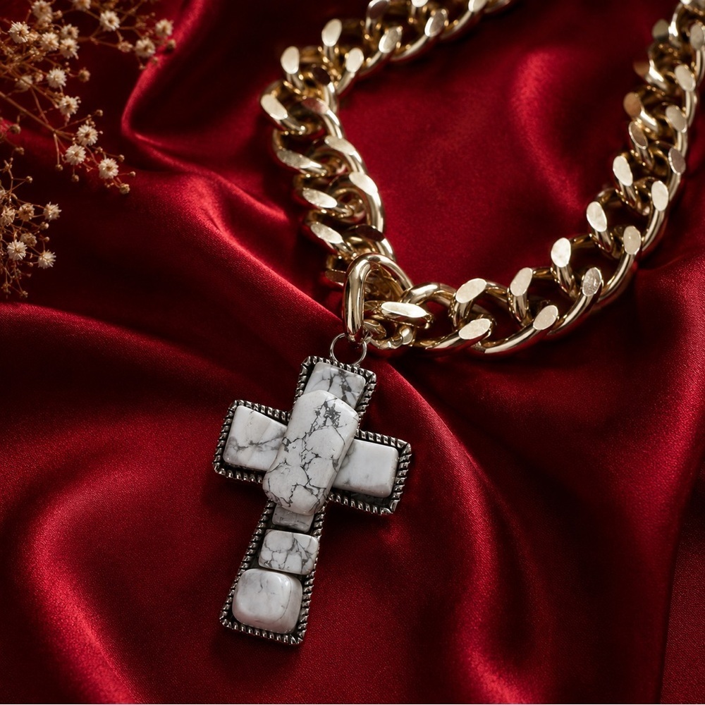 Rubyrudi OOAK Handcrafted Chunky Chain Necklace Choker Howlite Cross Pendant